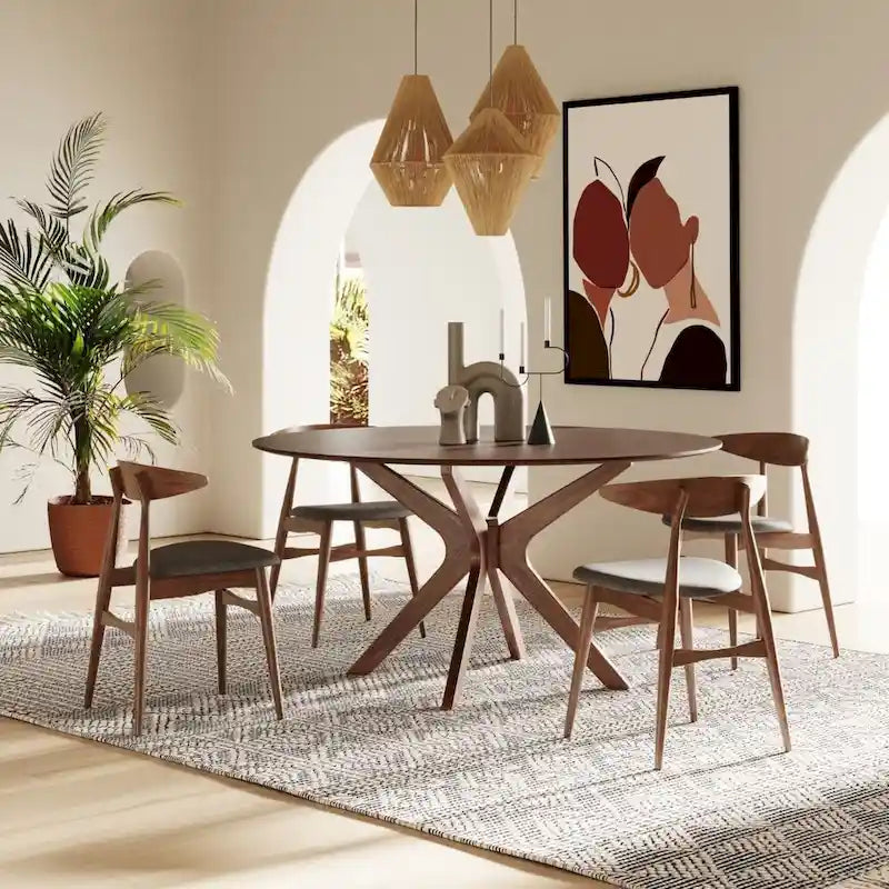 59" Round Walnut Sunburst Dining Table, Seats 6