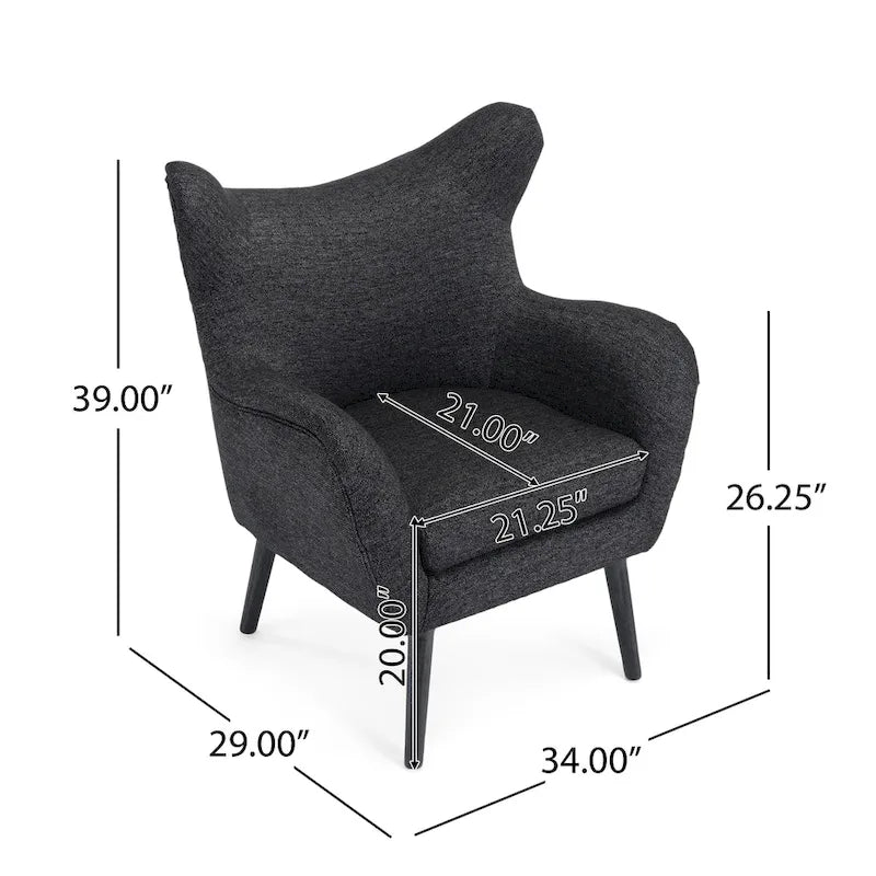 Mid-Century Wingback Club Chair with Splayed Oak Legs — Textured Tweed Fabric