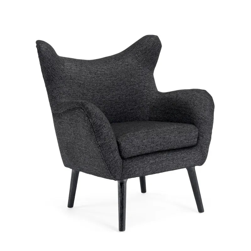 Mid-Century Wingback Club Chair with Splayed Oak Legs — Textured Tweed Fabric