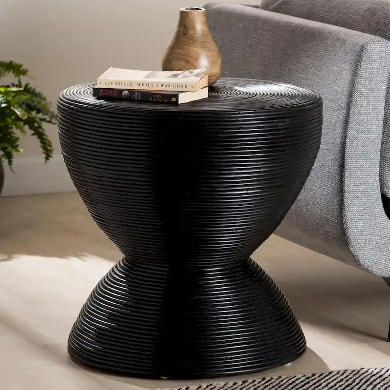 Natural Rattan Hourglass Side Table, Boho Round End Table for Living Room