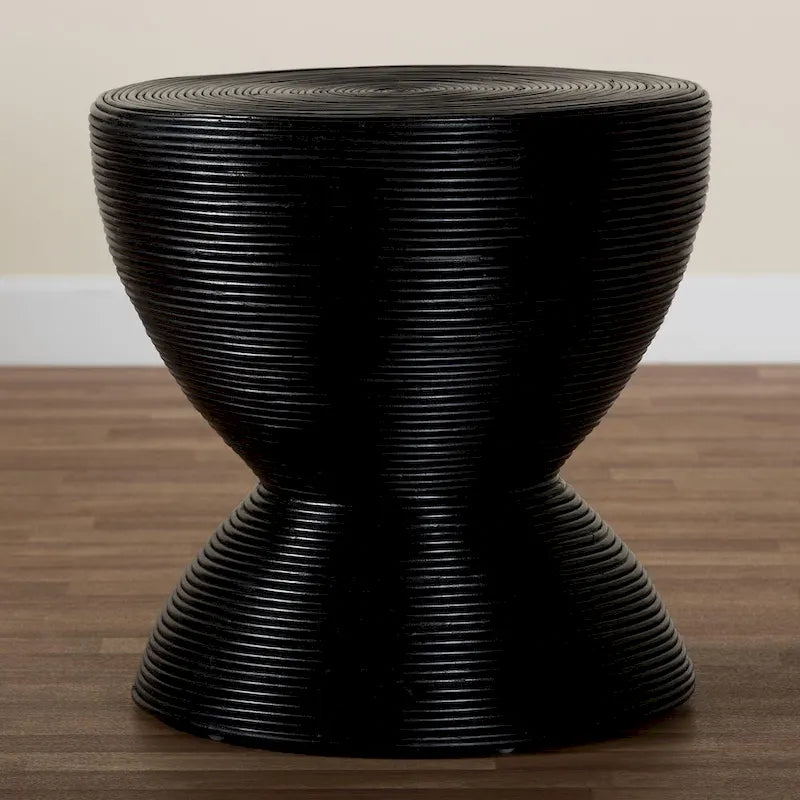 Natural Rattan Hourglass Side Table, Boho Round End Table for Living Room