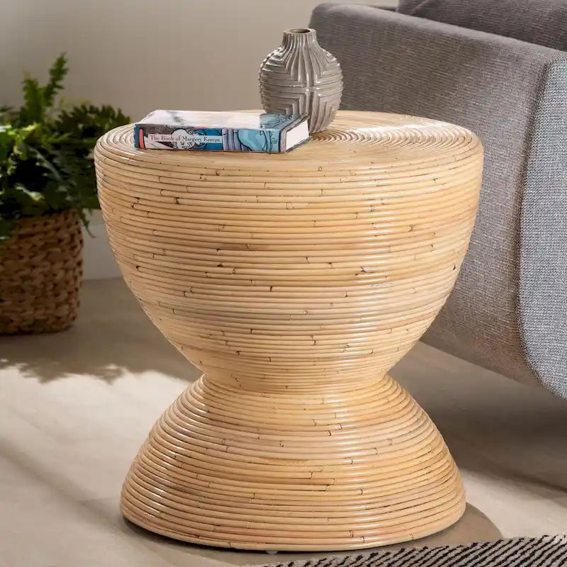 Natural Rattan Hourglass Side Table, Boho Round End Table for Living Room