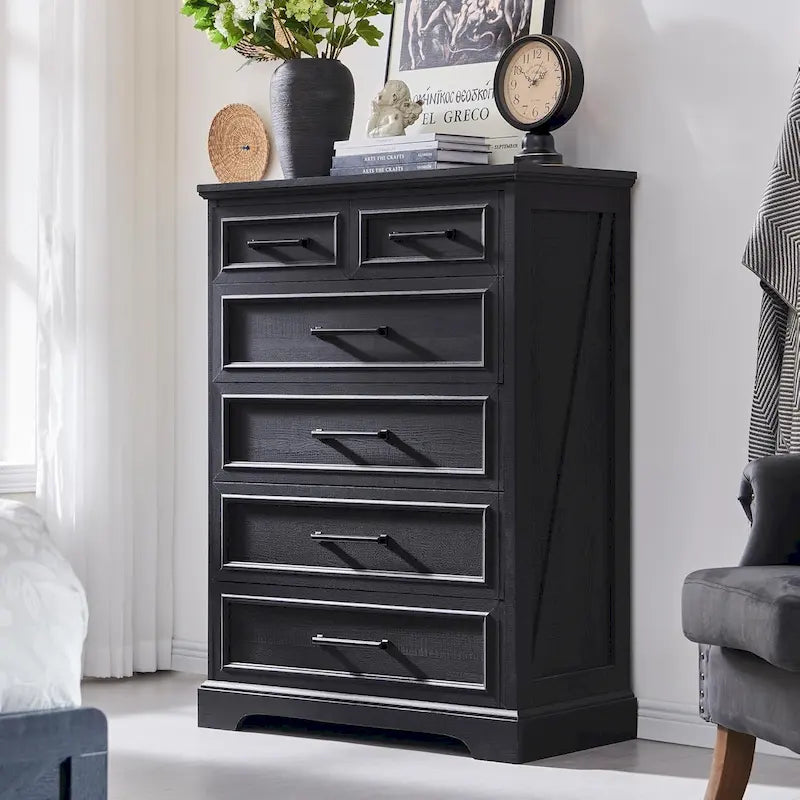 Rustic Farmhouse 6-Drawer Dresser with Barn Wood Grain Finish