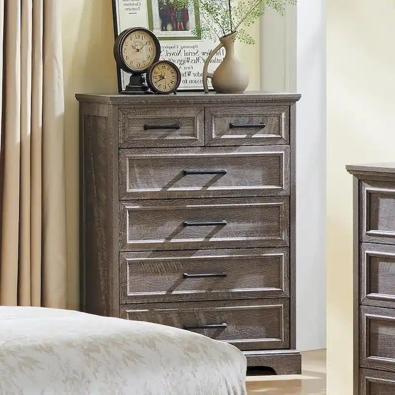 Rustic Farmhouse 6-Drawer Dresser with Barn Wood Grain Finish