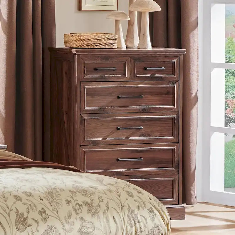 Rustic Farmhouse 6-Drawer Dresser with Barn Wood Grain Finish