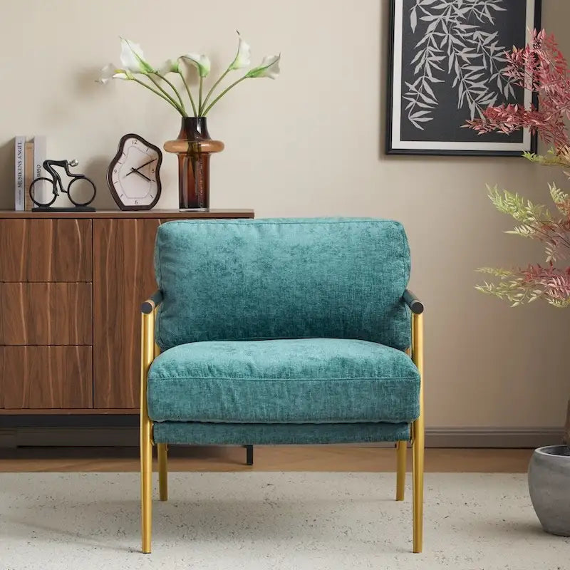 Modern Accent Armchair with Plush Cushions, Metal Frame & Wood Armrests