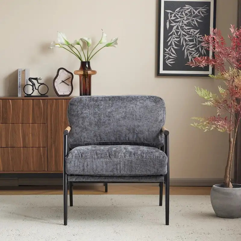 Modern Accent Armchair with Plush Cushions, Metal Frame & Wood Armrests