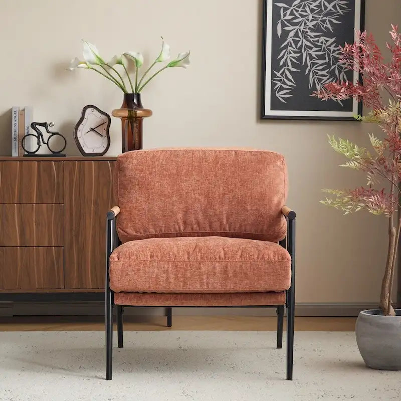 Modern Accent Armchair with Plush Cushions, Metal Frame & Wood Armrests