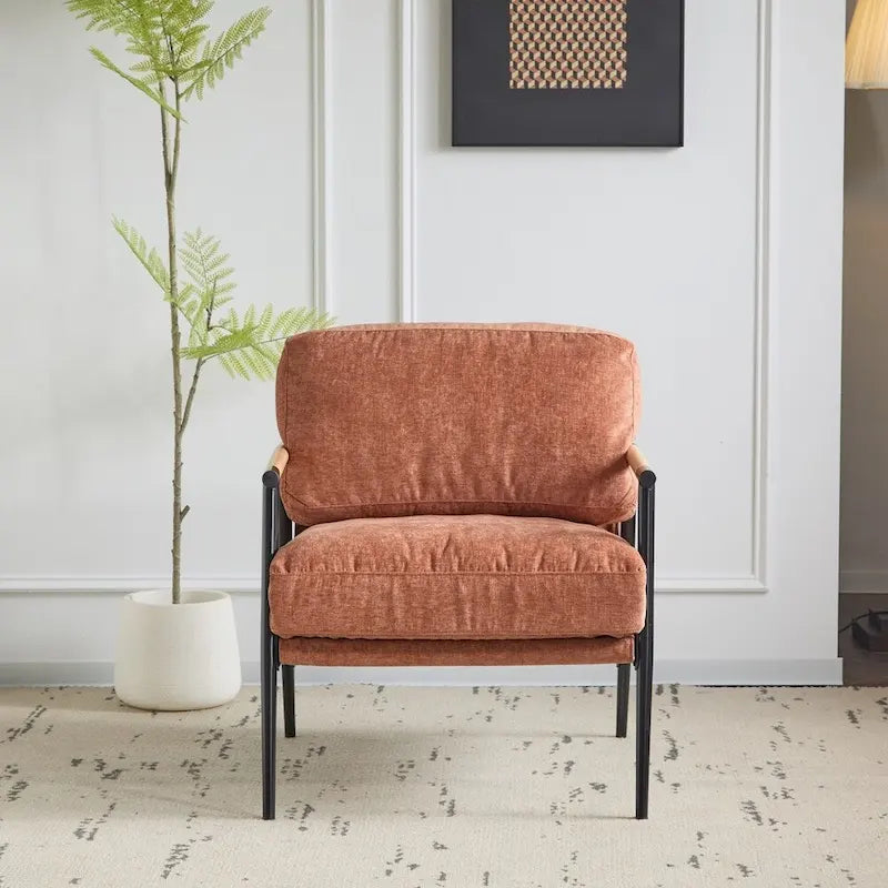 Modern Accent Armchair with Plush Cushions, Metal Frame & Wood Armrests