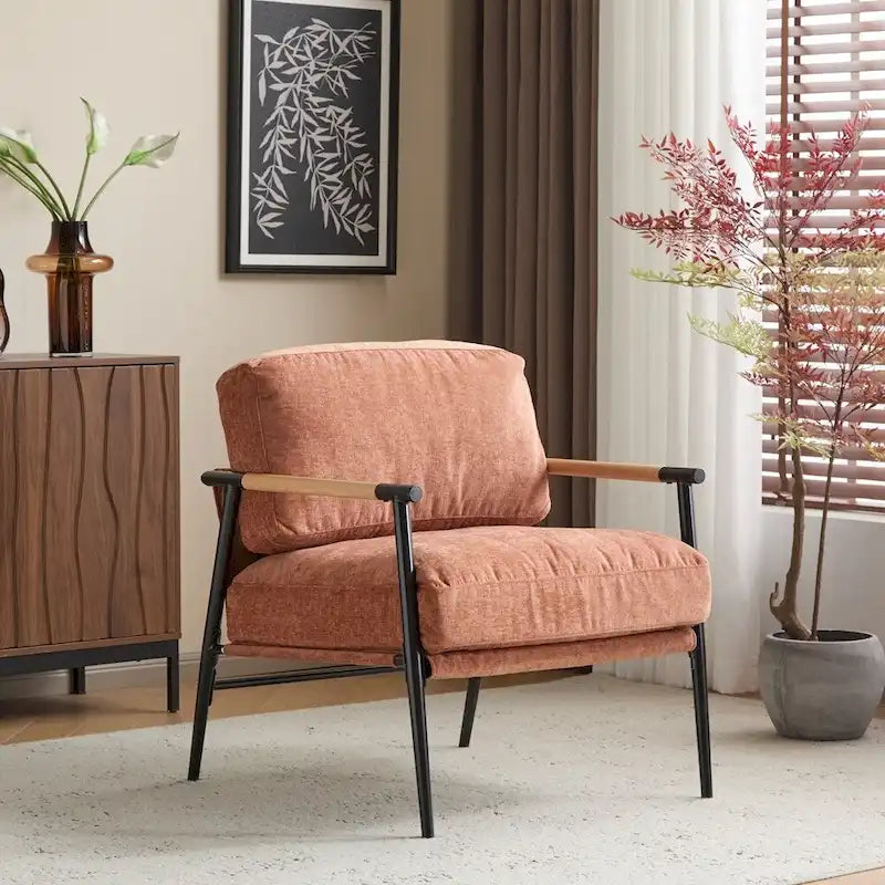 Modern Accent Armchair with Plush Cushions, Metal Frame & Wood Armrests