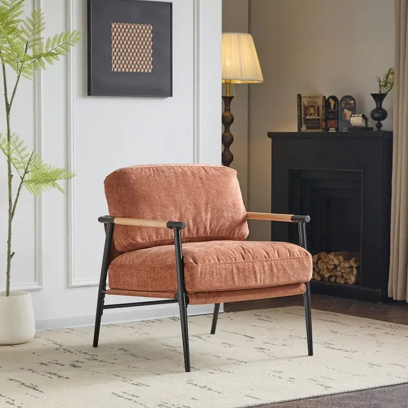 Modern Accent Armchair with Plush Cushions, Metal Frame & Wood Armrests