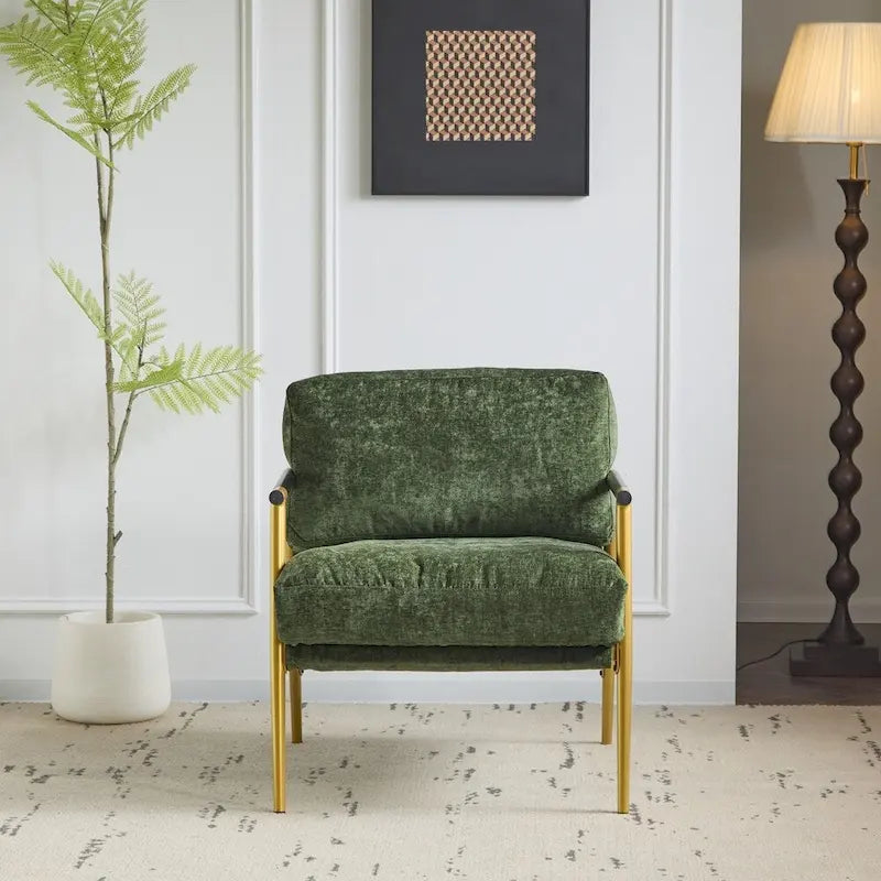 Modern Accent Armchair with Plush Cushions, Metal Frame & Wood Armrests