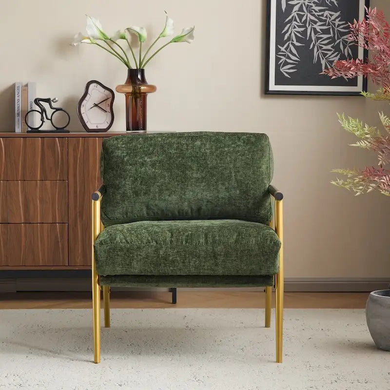 Modern Accent Armchair with Plush Cushions, Metal Frame & Wood Armrests