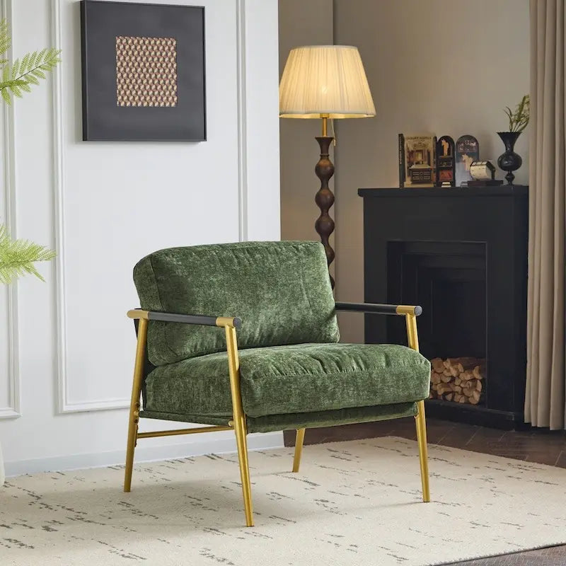 Modern Accent Armchair with Plush Cushions, Metal Frame & Wood Armrests