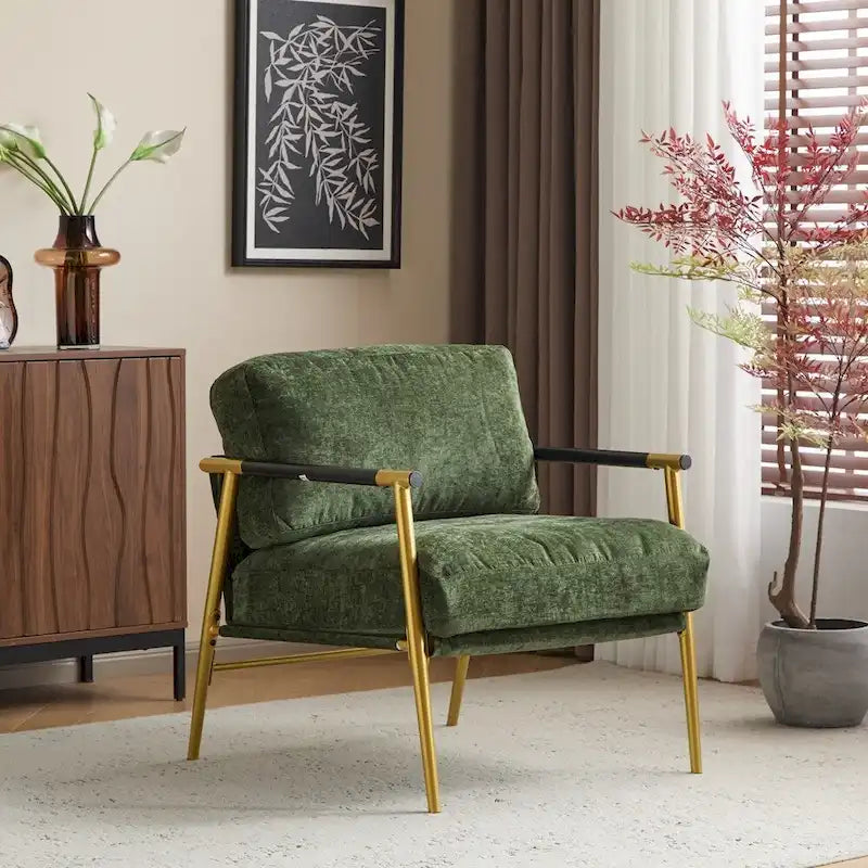 Modern Accent Armchair with Plush Cushions, Metal Frame & Wood Armrests