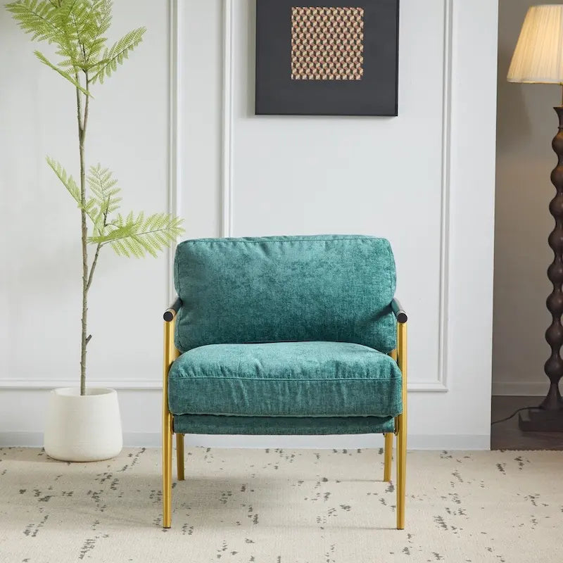 Modern Accent Armchair with Plush Cushions, Metal Frame & Wood Armrests