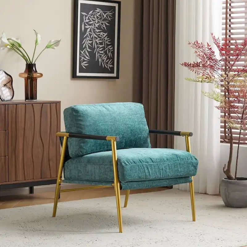 Modern Accent Armchair with Plush Cushions, Metal Frame & Wood Armrests
