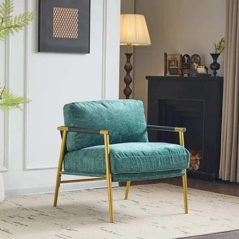 Modern Accent Armchair with Plush Cushions, Metal Frame & Wood Armrests