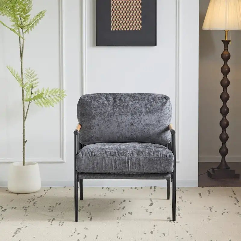 Modern Accent Armchair with Plush Cushions, Metal Frame & Wood Armrests