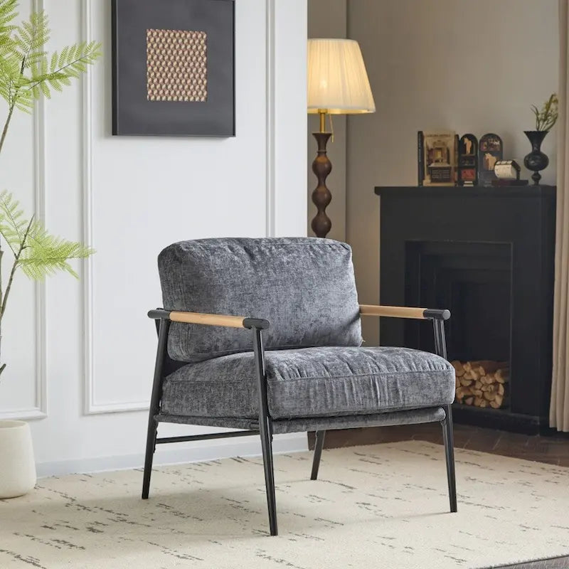 Modern Accent Armchair with Plush Cushions, Metal Frame & Wood Armrests