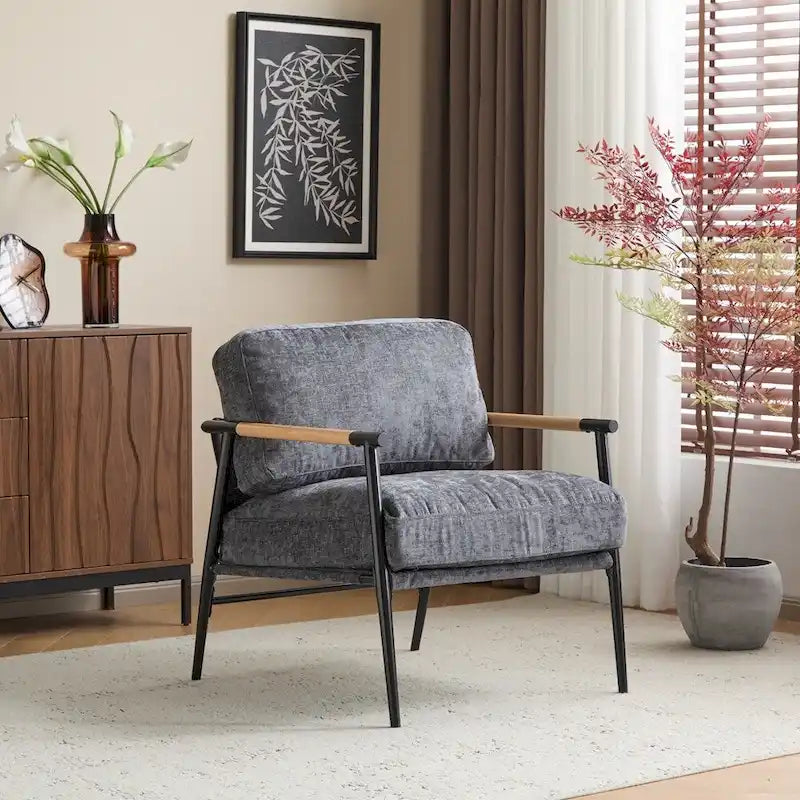 Modern Accent Armchair with Plush Cushions, Metal Frame & Wood Armrests