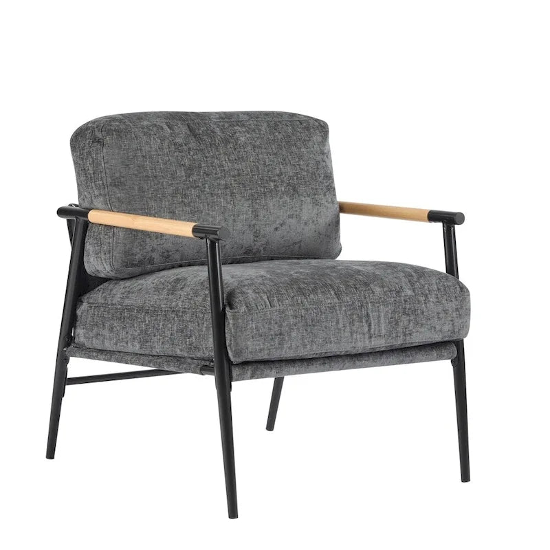 Modern Accent Armchair with Plush Cushions, Metal Frame & Wood Armrests