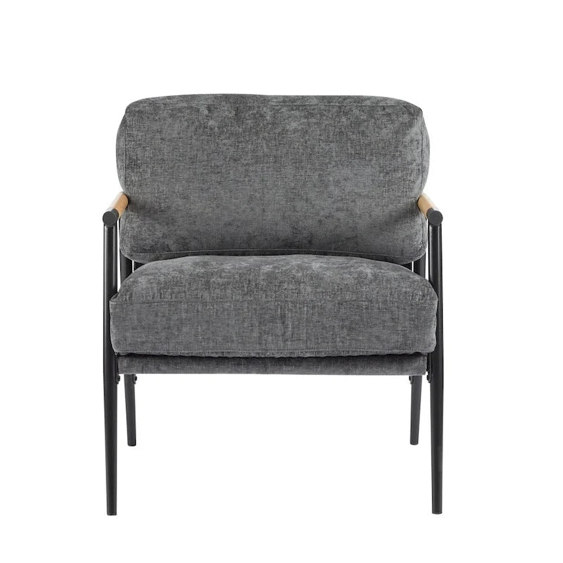 Modern Accent Armchair with Plush Cushions, Metal Frame & Wood Armrests