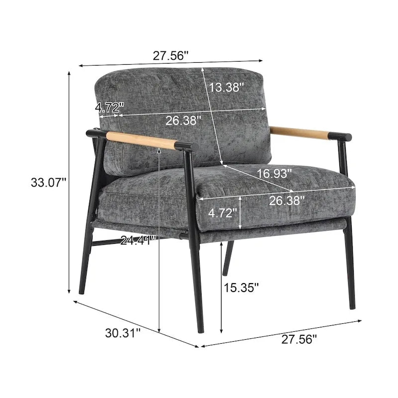 Modern Accent Armchair with Plush Cushions, Metal Frame & Wood Armrests