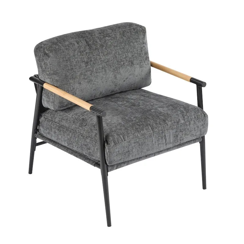 Modern Accent Armchair with Plush Cushions, Metal Frame & Wood Armrests