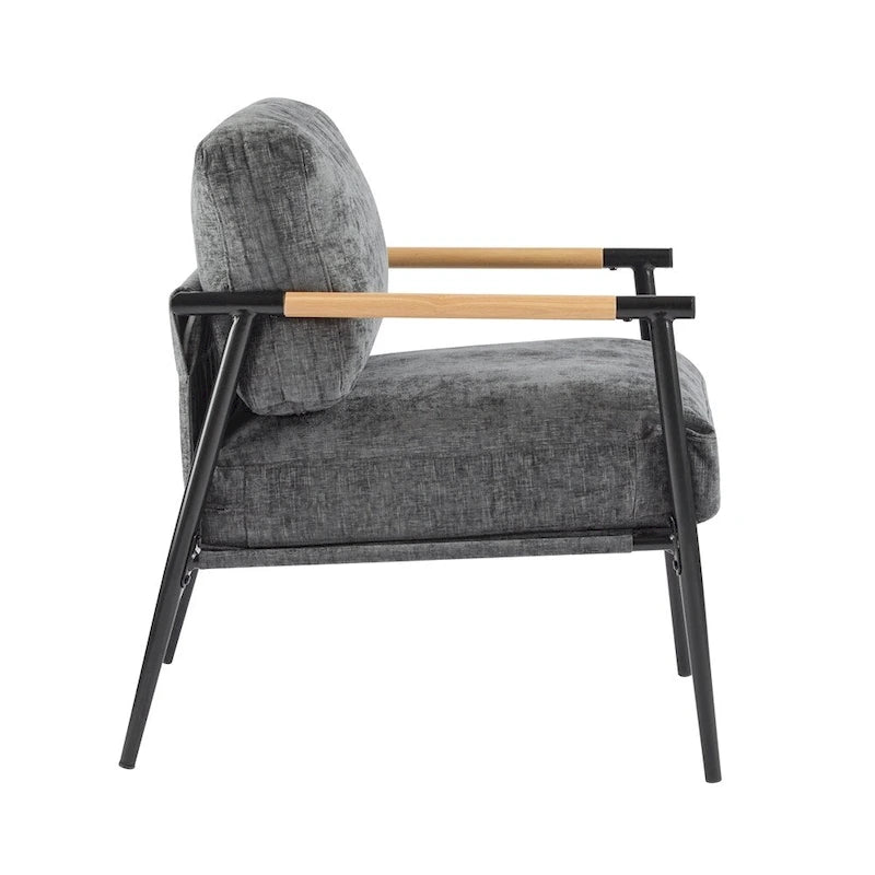 Modern Accent Armchair with Plush Cushions, Metal Frame & Wood Armrests