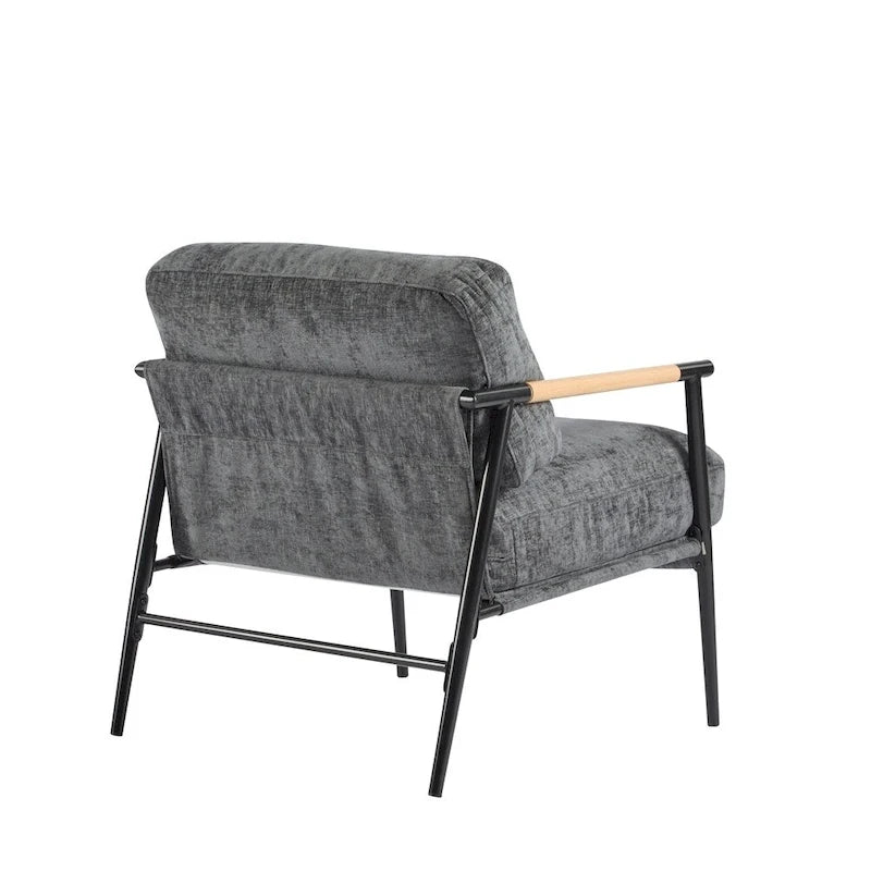 Modern Accent Armchair with Plush Cushions, Metal Frame & Wood Armrests