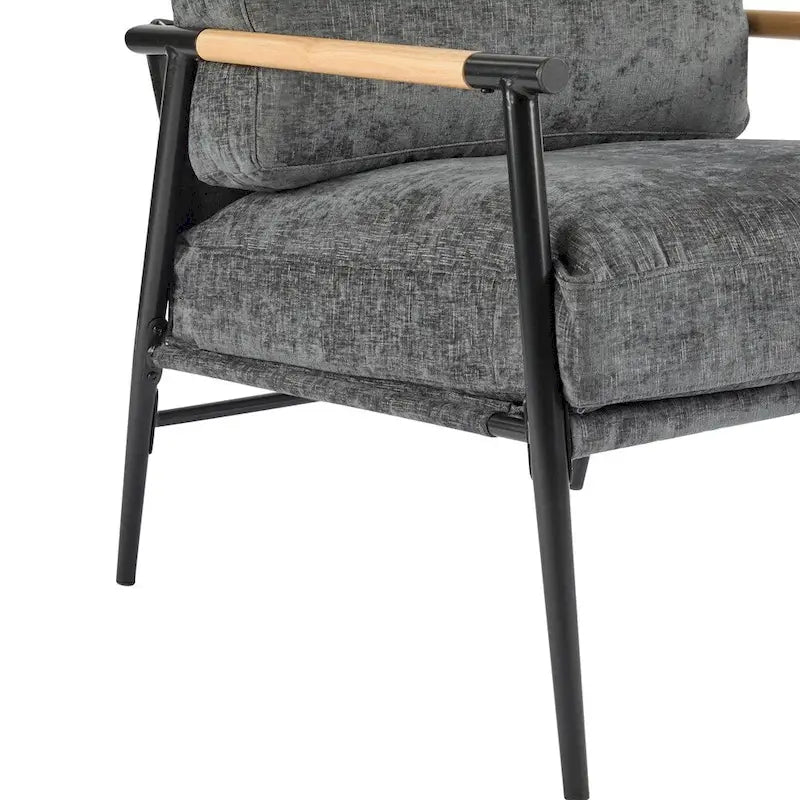 Modern Accent Armchair with Plush Cushions, Metal Frame & Wood Armrests