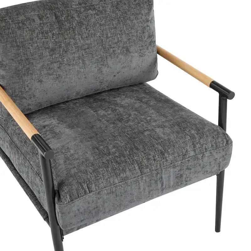 Modern Accent Armchair with Plush Cushions, Metal Frame & Wood Armrests