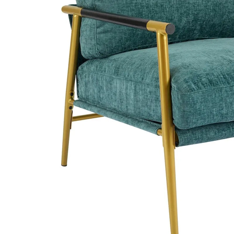 Modern Accent Armchair with Plush Cushions, Metal Frame & Wood Armrests