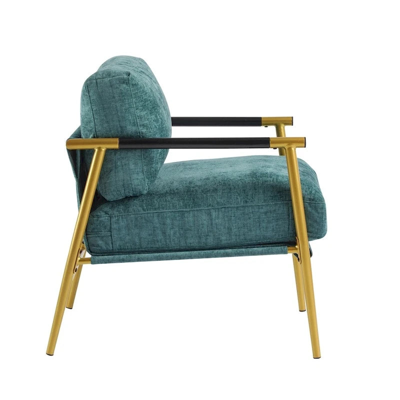 Modern Accent Armchair with Plush Cushions, Metal Frame & Wood Armrests