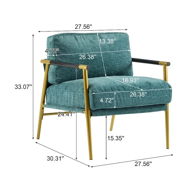 Modern Accent Armchair with Plush Cushions, Metal Frame & Wood Armrests