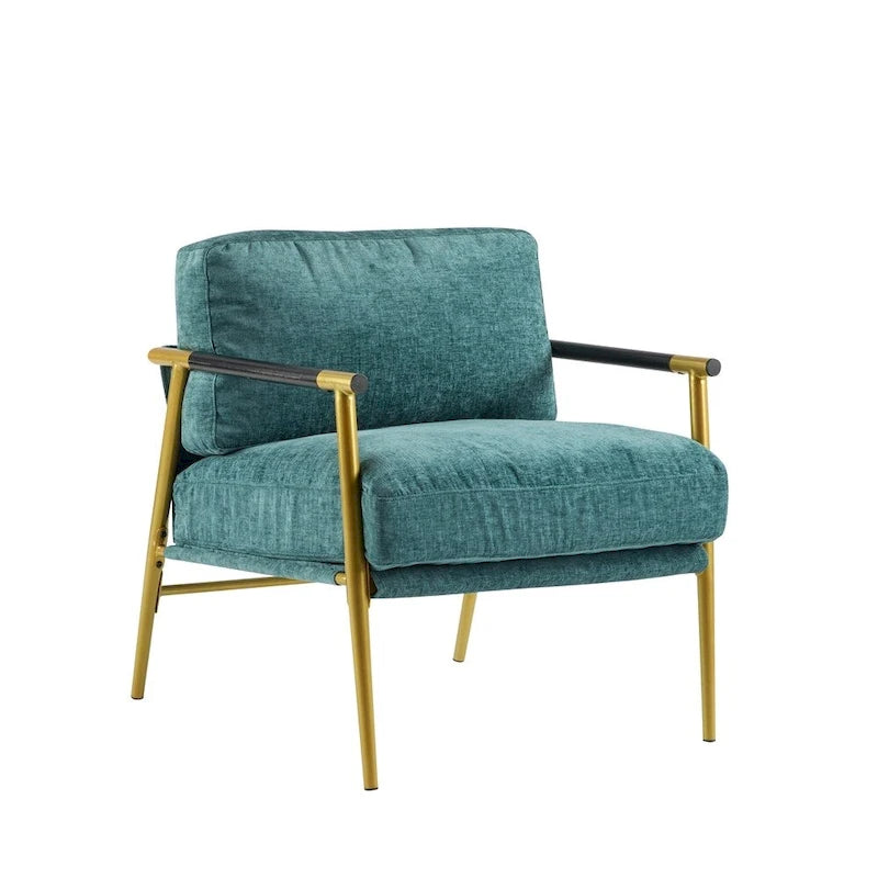 Modern Accent Armchair with Plush Cushions, Metal Frame & Wood Armrests