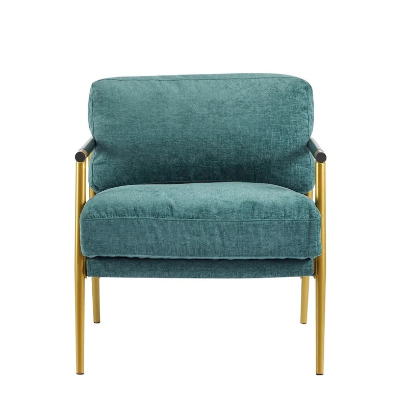 Modern Accent Armchair with Plush Cushions, Metal Frame & Wood Armrests