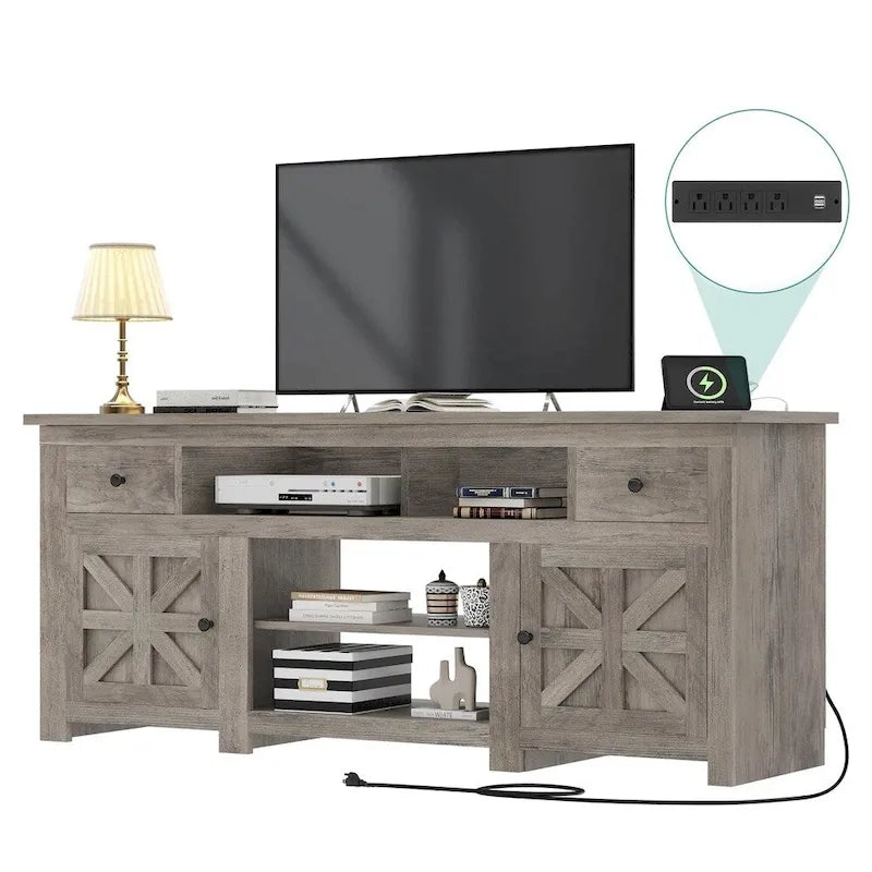 73" Farmhouse TV Stand with Power Outlet, Barn Door Cabinets & Cable Management, Fits up to 80"