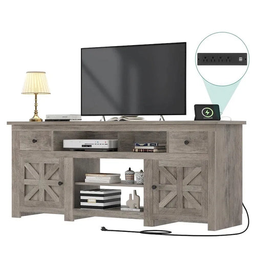 Mueble de TV de estilo rústico de 73" con toma de corriente, armarios con puertas de granero y gestión de cables, apto para hasta 80"