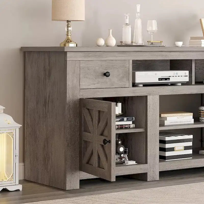 73" Farmhouse TV Stand with Power Outlet, Barn Door Cabinets & Cable Management, Fits up to 80"