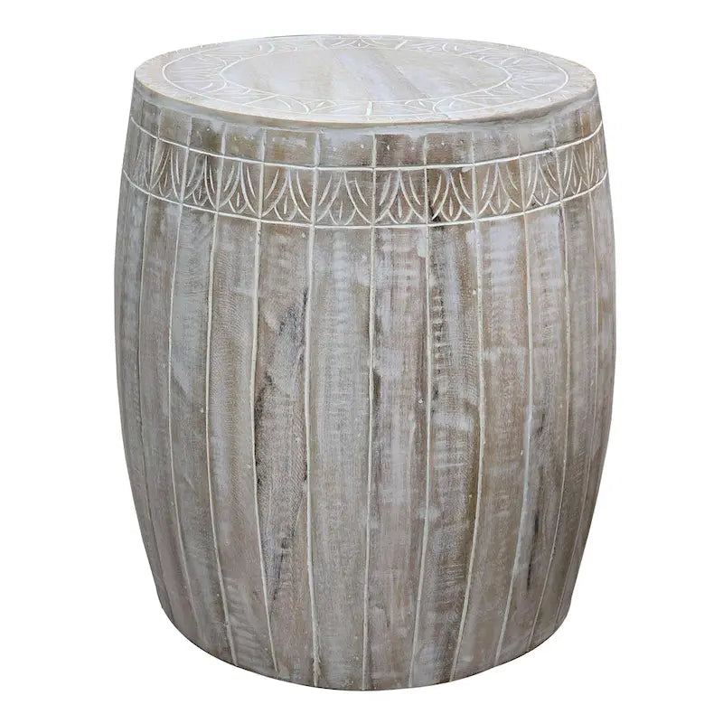 Handcrafted Mango Wood Drum Side Table, Antique White with Carved Detail