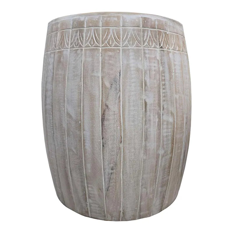 Handcrafted Mango Wood Drum Side Table, Antique White with Carved Detail