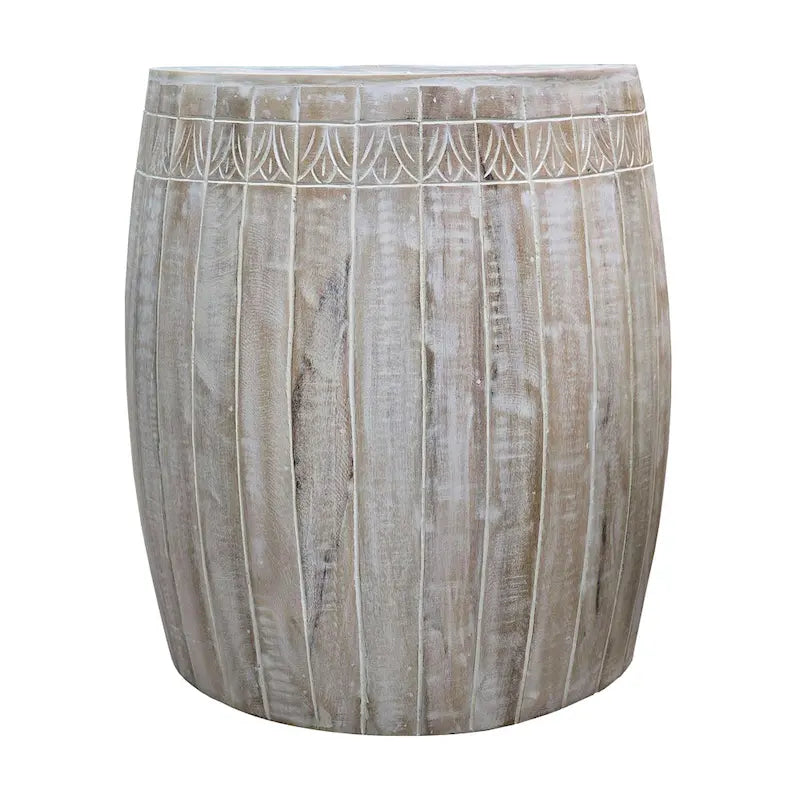 Handcrafted Mango Wood Drum Side Table, Antique White with Carved Detail