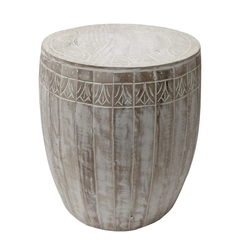 Handcrafted Mango Wood Drum Side Table, Antique White with Carved Detail