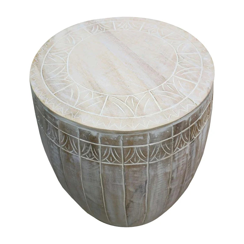 Handcrafted Mango Wood Drum Side Table, Antique White with Carved Detail