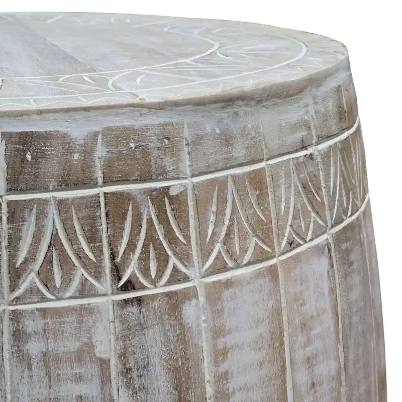 Handcrafted Mango Wood Drum Side Table, Antique White with Carved Detail