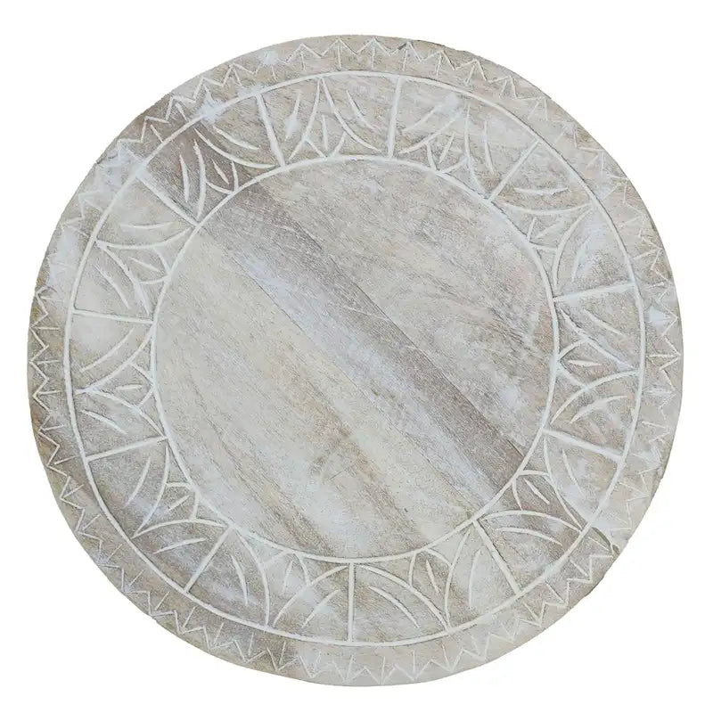 Handcrafted Mango Wood Drum Side Table, Antique White with Carved Detail