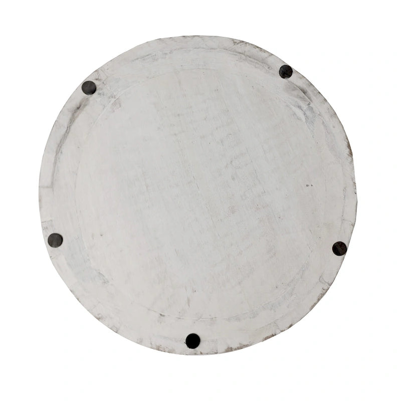 Handcrafted Mango Wood Drum Side Table, Antique White with Carved Detail