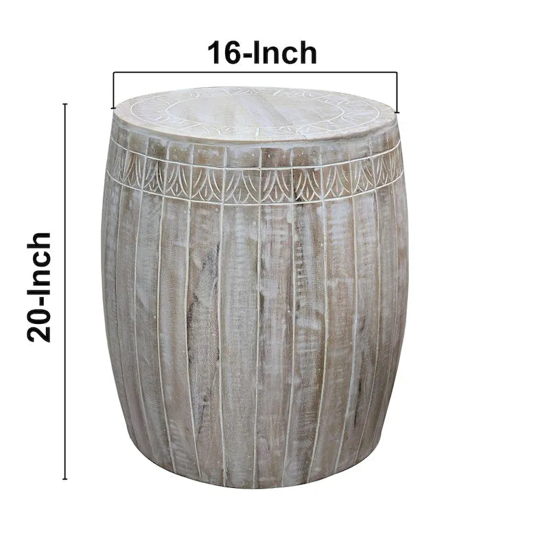 Handcrafted Mango Wood Drum Side Table, Antique White with Carved Detail